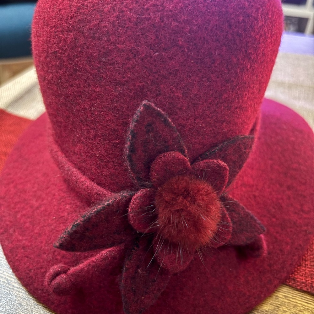 Elegant Red Wool Hat with Floral Accent